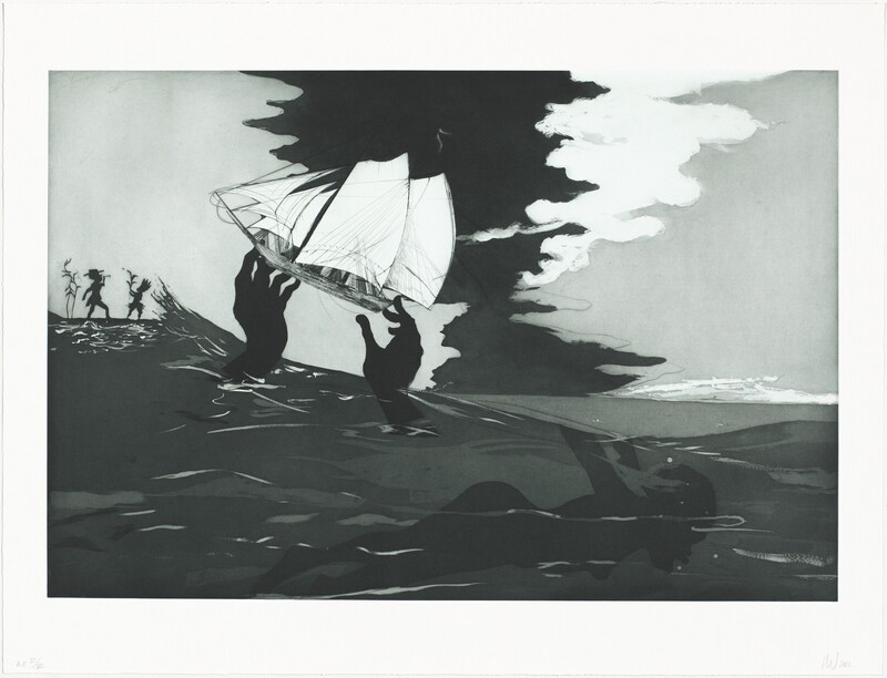 Printed with tones of black, gray, and smoky gray, two oversized hands reach out of an ocean and hold up a masted ship in this horizontal etching, aquatint, and drypoint. Closer to us, the black silhouette of a woman sinks under the surface of the water, face down with her arms thrust back and her mouth gaping open. Her features are exaggeratedly rounded to reference stereotypes historically connected with Black and African people. The wave surges to our left, and the giant hands lift the boat just left of center of the composition. Small in scale, two silhouetted people stand on a flat area to the left. One wears a brimmed, flat-topped hat, a coat with tails, and holds up a tool, perhaps a hoe. The other wears a spiky headdress and skirt and holds up a stalk of sugar cane. The sky is pale gray to either side of a plume of white and a black void with jagged edges, which spreads like a seeping stain down the middle of the sky. Under the image and across the bottom of the page, the artist wrote “A.P. VI/VIII” to the left and “KW 2010” to the right lightly in graphite.