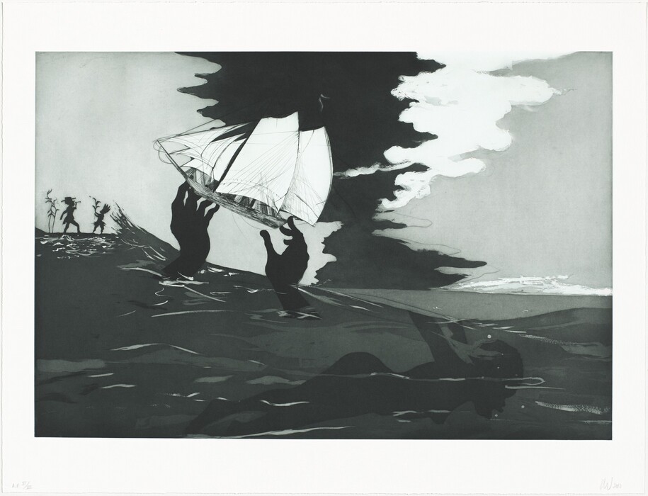 Printed with tones of black, gray, and smoky gray, two oversized hands reach out of an ocean and hold up a masted ship in this horizontal etching, aquatint, and drypoint. Closer to us, the black silhouette of a woman sinks under the surface of the water, face down with her arms thrust back and her mouth gaping open. Her features are exaggeratedly rounded to reference stereotypes historically connected with Black and African people. The wave surges to our left, and the giant hands lift the boat just left of center of the composition. Small in scale, two silhouetted people stand on a flat area to the left. One wears a brimmed, flat-topped hat, a coat with tails, and holds up a tool, perhaps a hoe. The other wears a spiky headdress and skirt and holds up a stalk of sugar cane. The sky is pale gray to either side of a plume of white and a black void with jagged edges, which spreads like a seeping stain down the middle of the sky. Under the image and across the bottom of the page, the artist wrote “A.P. VI/VIII” to the left and “KW 2010” to the right lightly in graphite.