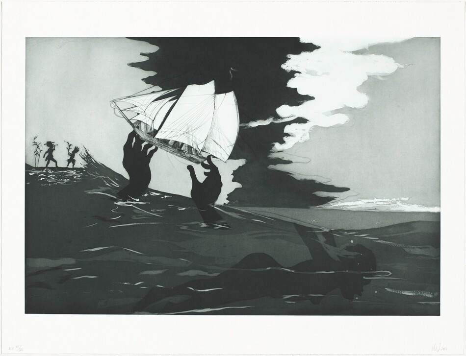 Printed with tones of black, gray, and smoky gray, two oversized hands reach out of an ocean and hold up a masted ship in this horizontal etching, aquatint, and drypoint. Closer to us, the black silhouette of a woman sinks under the surface of the water, face down with her arms thrust back and her mouth gaping open. Her features are exaggeratedly rounded to reference stereotypes historically connected with Black and African people. The wave surges to our left, and the giant hands lift the boat just left of center of the composition. Small in scale, two silhouetted people stand on a flat area to the left. One wears a brimmed, flat-topped hat, a coat with tails, and holds up a tool, perhaps a hoe. The other wears a spiky headdress and skirt and holds up a stalk of sugar cane. The sky is pale gray to either side of a plume of white and a black void with jagged edges, which spreads like a seeping stain down the middle of the sky. Under the image and across the bottom of the page, the artist wrote “A.P. VI/VIII” to the left and “KW 2010” to the right lightly in graphite.