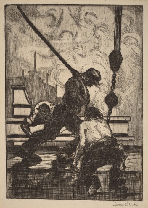 This is a drawing of three figures engaged in industrial work with large machinery. The scene is dominated by the figures who are surrounded by tools and machinery. The background is filled with swirling patterns that suggest smoke or industrial activity. The drawing employs a range of cross-hatching techniques to emphasize contrast and depth, highlighting the physicality and intensity of the depicted labor.