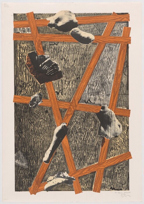 The image displays diagonal orange-brown lines crossing the picture plane, layered with black and gray scribbles. The lines give the appearance of a distorted fence or beams of a construction. Additionally, there are floating black and white shaded forms resembling rock fragments or eroded sculptures.