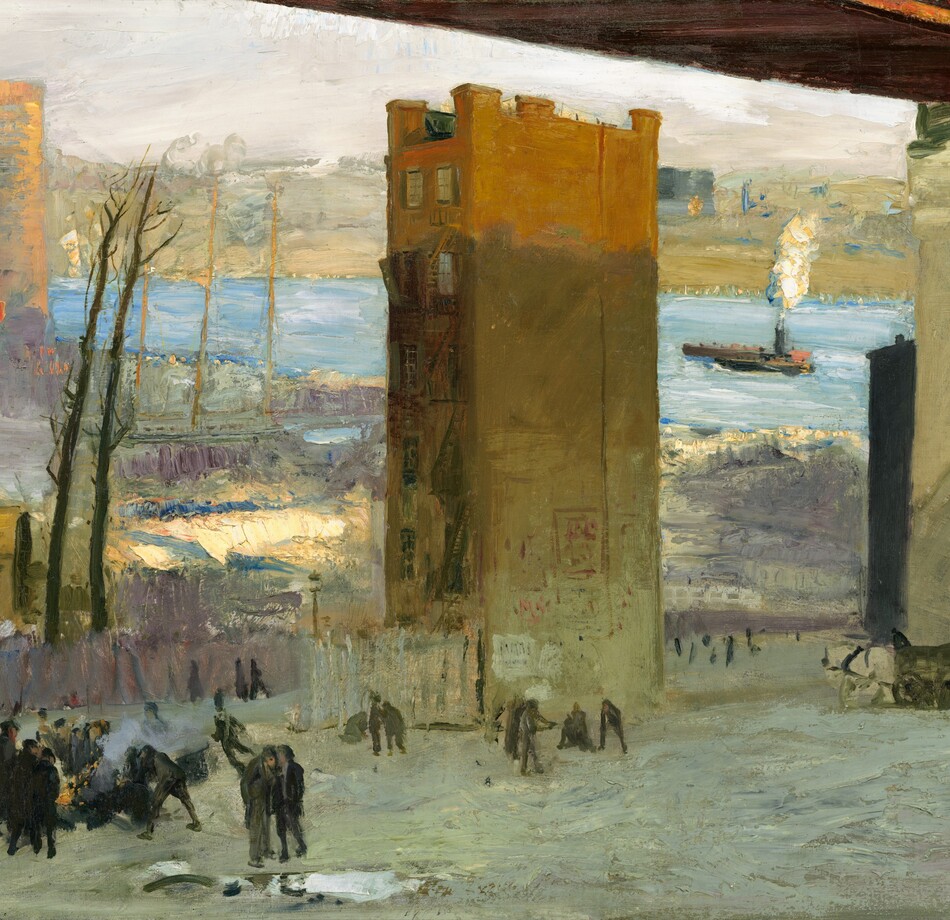 A six-story, narrow building stands alone in an otherwise unoccupied lot under the deck of a high bridge, with a river and cityscape in the background in this horizontal painting. Dozens of people, small in scale, are each painted with a few swipes of black and some with peach-colored faces. They gather at the foot of the building and around a fire to our left, near the lower left corner of the composition. The fire is painted with a dash of orange, a few touches of canary yellow, and a smudge of gray smoke. Several more people stand and sit against the building, which has a streetlamp near its entrance. The back end of the building angles away from us to our right, so we see the narrow, front entrance side to our left. Each of the six floors of the building has two windows with fire escape ladders on the narrow side we can see. Some strokes in red and white on the lower levels of the long, flat side of the building suggest signs or posters. The top story glows a warm sienna brown in sunlight, while the rest of the building and the scene below are in shadow. More people walk along a grayish-violet fence that encloses the lot beyond the building. The ground is painted thickly with slate gray, pale, sage green, and one smear of white to suggest snow. To our right and a short distance from us, a white horse pulls a carriage near the foot of the bridge. The ivory-white, concrete piling rises up and off the right edge of the canvas and supports the deck of the bridge above. Only a sliver of the brick-red underside of the bridge is visible, skimming the top edge of the painting in the upper right corner. Two twiggy, barren trees grow up beyond the muted purple fence, and the landscape beyond is bright in the sunlight. A terracotta-orange building rises along the left edge of the painting, with the area between it and the lot under the bridge filled with thickly painted patches of butter yellow, amethyst purple, and sage green. Beyond that, an ice-blue river flows across the composition. The shore beyond is lined with patches of beige and tan paint that could be buildings. A black tugboat puffs bright white smoke in the river. The sky above is frosty white. The artist signed the work with dark blue in the lower left corner of the painting, “Geo Bellows.”
