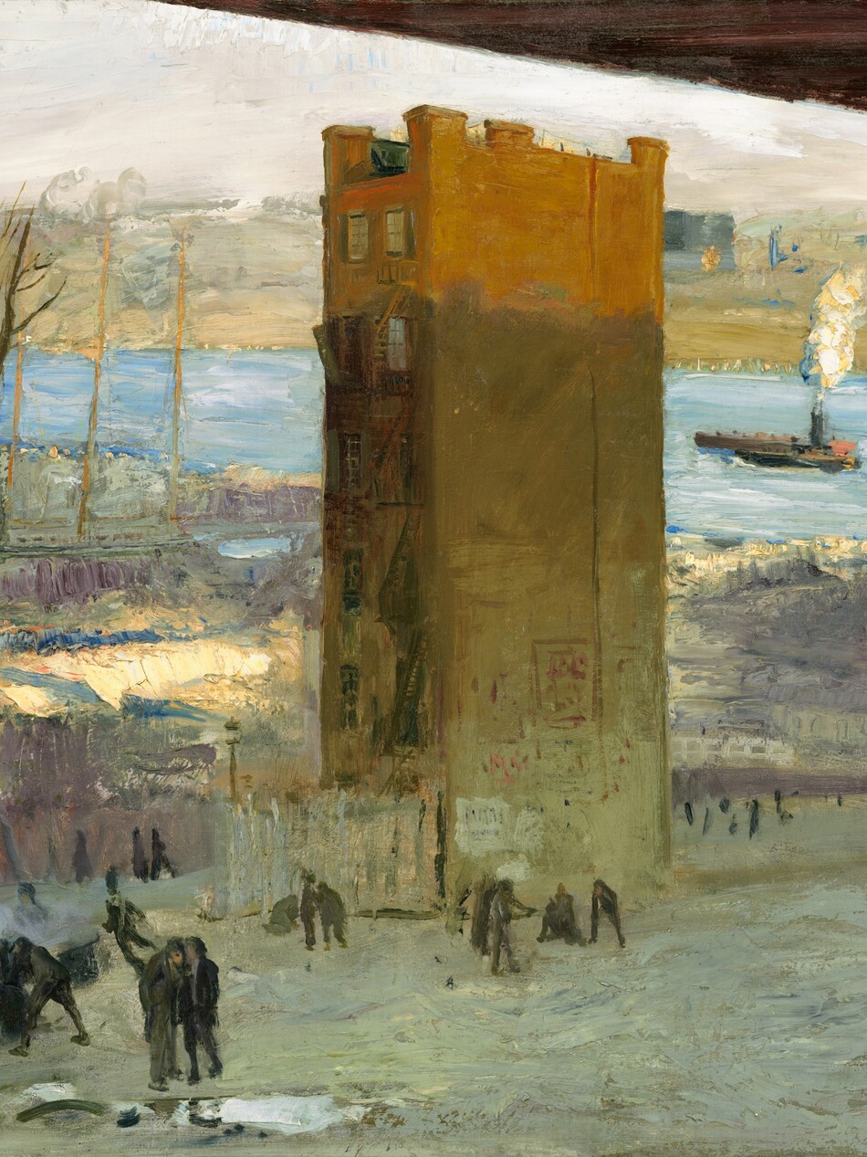 A six-story, narrow building stands alone in an otherwise unoccupied lot under the deck of a high bridge, with a river and cityscape in the background in this horizontal painting. Dozens of people, small in scale, are each painted with a few swipes of black and some with peach-colored faces. They gather at the foot of the building and around a fire to our left, near the lower left corner of the composition. The fire is painted with a dash of orange, a few touches of canary yellow, and a smudge of gray smoke. Several more people stand and sit against the building, which has a streetlamp near its entrance. The back end of the building angles away from us to our right, so we see the narrow, front entrance side to our left. Each of the six floors of the building has two windows with fire escape ladders on the narrow side we can see. Some strokes in red and white on the lower levels of the long, flat side of the building suggest signs or posters. The top story glows a warm sienna brown in sunlight, while the rest of the building and the scene below are in shadow. More people walk along a grayish-violet fence that encloses the lot beyond the building. The ground is painted thickly with slate gray, pale, sage green, and one smear of white to suggest snow. To our right and a short distance from us, a white horse pulls a carriage near the foot of the bridge. The ivory-white, concrete piling rises up and off the right edge of the canvas and supports the deck of the bridge above. Only a sliver of the brick-red underside of the bridge is visible, skimming the top edge of the painting in the upper right corner. Two twiggy, barren trees grow up beyond the muted purple fence, and the landscape beyond is bright in the sunlight. A terracotta-orange building rises along the left edge of the painting, with the area between it and the lot under the bridge filled with thickly painted patches of butter yellow, amethyst purple, and sage green. Beyond that, an ice-blue river flows across the composition. The shore beyond is lined with patches of beige and tan paint that could be buildings. A black tugboat puffs bright white smoke in the river. The sky above is frosty white. The artist signed the work with dark blue in the lower left corner of the painting, “Geo Bellows.”