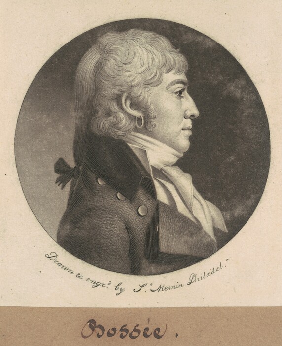The image shows a profile portrait of a man facing right, from the shoulders up. He has curly hair styled back, a strong nose, and bold features. He wears a high-collared jacket with large buttons, a white cravat, and his hair tied back with a ribbon. The background is dark, with the portrait framed in an oval border. Below are details of the artist and engravings, with a handwritten note that reads "Bossee."