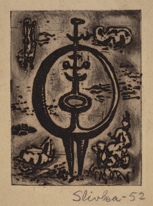 The image shows a detailed arrangement of bold and curved black lines forming a large circular shape with various inner patterns and shapes. The design has central vertical lines extending outward and surrounding abstract shapes resembling clouds or clusters of rocks, giving a sense of depth and complexity. The overall impression is of a dynamic, stylized machine in a landscape.