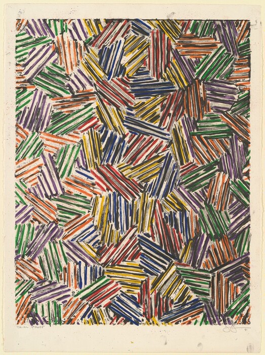 The image shows a pattern of short, thick lines arranged in diagonal clusters. The design features vibrant colors such as green, purple, orange, red, blue, and yellow. The lines create a dynamic and complex composition.