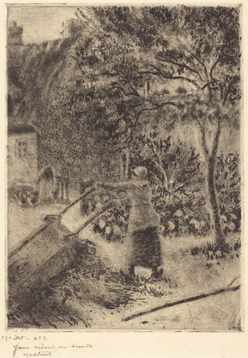The image depicts a view from a slightly elevated perspective showing a figure sweeping with a broom. There are architectural elements like a building wall and an arched doorway visible in the distance on the left side. The artwork features soft and textured brushstrokes with a stippled effect, creating a sense of movement. The color scheme is monochromatic with various shades of black and gray. The figure is surrounded by foliage and trees, blending into a building in the background.