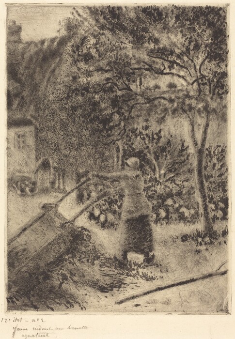 The image depicts a view from a slightly elevated perspective showing a figure sweeping with a broom. There are architectural elements like a building wall and an arched doorway visible in the distance on the left side. The artwork features soft and textured brushstrokes with a stippled effect, creating a sense of movement. The color scheme is monochromatic with various shades of black and gray. The figure is surrounded by foliage and trees, blending into a building in the background.