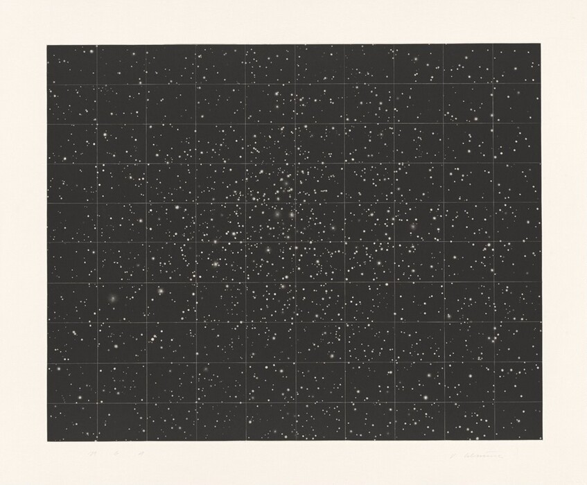 The image shows evenly spaced grid lines forming squares, within which small white dots are scattered across a black background.