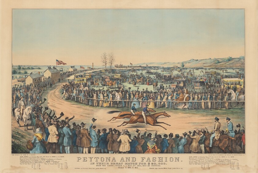 Peytona and Fashion: In Their Great Match for $20,000. Over the Union Course L.I. May 13th. 1845, Won by Peytona. Time 7:39 3/4, 7:45 1/4