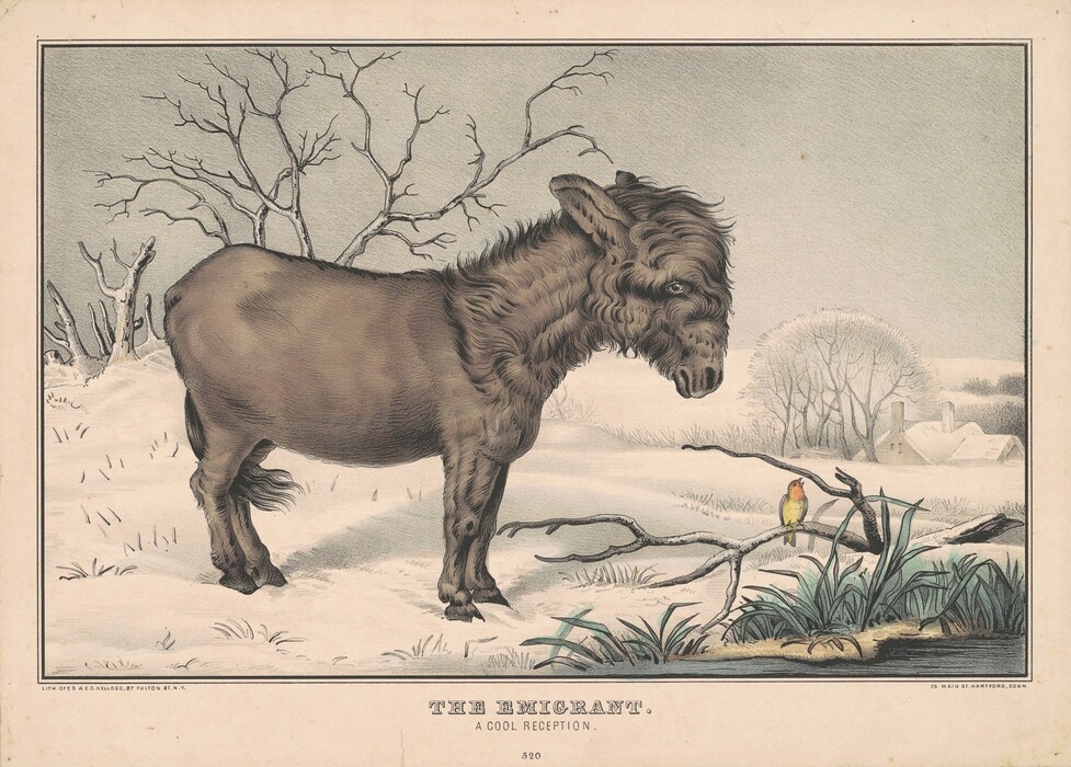 This is a painting of a donkey standing in the snow. The scene depicts a solitary donkey with a heavy mane and a slightly forlorn expression, standing amidst a wintry landscape. In the background, leafless trees, a snow-covered expanse, and distant rooftops are partially visible, suggesting a rural setting. In the foreground, a small, colorful bird perches on a branch. The painting is titled "The Emigrant: A Cool Reception" in the style of Currier and Ives.