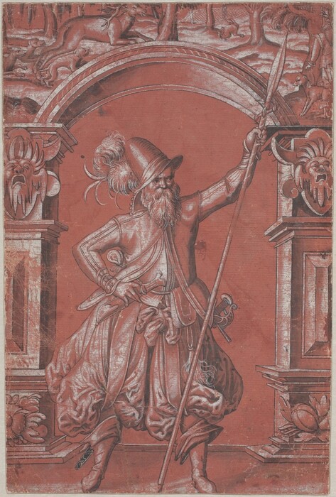 The image shows a person in elaborate clothing holding a spear. They have one hand on their hip, wearing a hat with a feather, and have a serious expression. The background includes architectural elements, decorations, hunting dogs, and a deer in a forest landscape.