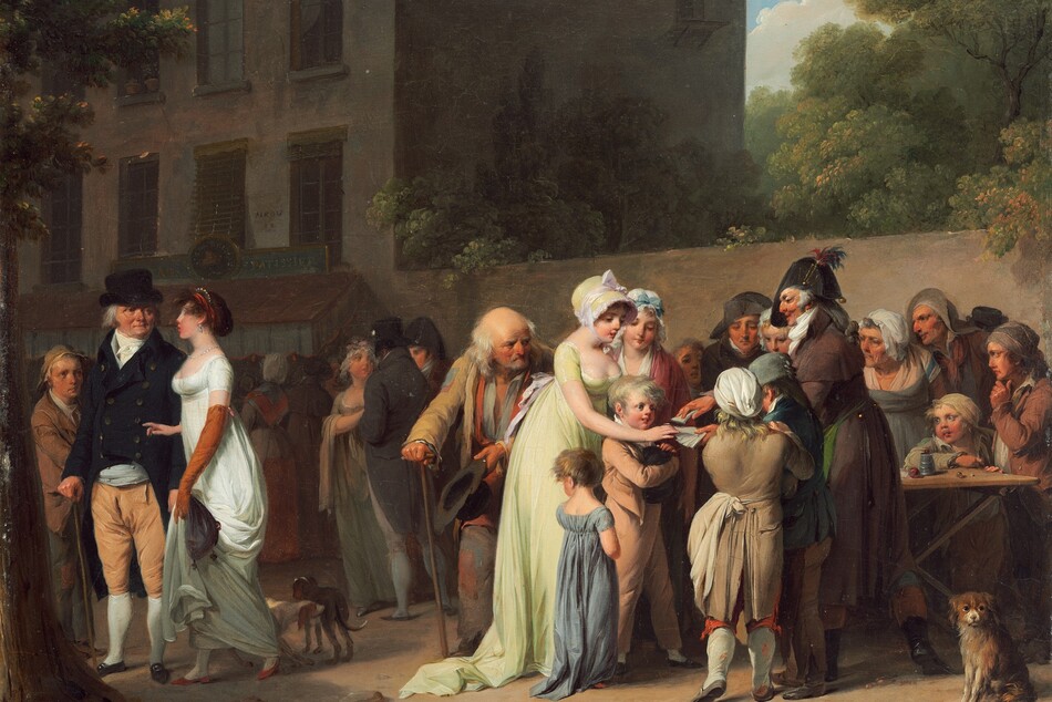 Fourteen men, women, and children focus their attention on a man fanning out a deck of cards in a town street in the right half of this horizontal painting. More men and women stand in small groups or walk in the left half. The women wear bonnets and long dresses and cloaks. The men wear jackets, slacks, and hats. The people all have pale or peachy skin. The man holding out the cards wears a plumed, bicorn hat, a thick white scarf around his neck, and a long, dark coat. His long gray hair is looped into a knot on his upper back, and a thick white sideburn curls along the cheek we see. He has a prominent nose, thin mustache, and his lips are parted as he faces our left in profile. Glints of gold on his hat and back of his coat could be bells, and he wears a gold hoop earring. A young woman with smooth skin, a low-cut, very pale green dress and matching bonnet reaches out to take a card. Another wearing a mob cap and cloak stands at her far shoulder, and two children stand between her and the cardsharp. A pair of young boys stand with the cardsharp, facing away from us and looking down at the cards. More men and women in earth-toned clothes, some tattered, gather in a tight cluster around a wooden table beyond this grouping. On the table is a metal cup and some glass balls, perhaps marbles. A small, furry, brown dog sits and looks up and to the right with dark eyes in the bottom right corner of the painting. This group is backed by a high wall, presumably enclosing a private garden. Trees reach into the cloud-streaked blue sky beyond the wall. Two more dogs walk among the townspeople who move along the street to the left. Building facades on the far side of the walkway are in shadow, but one is labeled Patissier. The artist signed and dated the painting near the lower left corner, “L. Boilly 1806.”