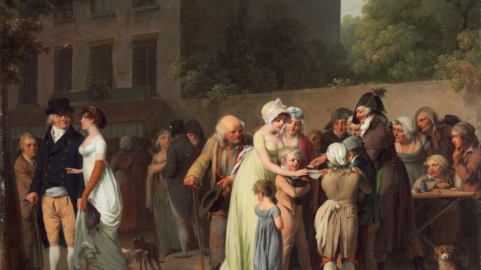 Fourteen men, women, and children focus their attention on a man fanning out a deck of cards in a town street in the right half of this horizontal painting. More men and women stand in small groups or walk in the left half. The women wear bonnets and long dresses and cloaks. The men wear jackets, slacks, and hats. The people all have pale or peachy skin. The man holding out the cards wears a plumed, bicorn hat, a thick white scarf around his neck, and a long, dark coat. His long gray hair is looped into a knot on his upper back, and a thick white sideburn curls along the cheek we see. He has a prominent nose, thin mustache, and his lips are parted as he faces our left in profile. Glints of gold on his hat and back of his coat could be bells, and he wears a gold hoop earring. A young woman with smooth skin, a low-cut, very pale green dress and matching bonnet reaches out to take a card. Another wearing a mob cap and cloak stands at her far shoulder, and two children stand between her and the cardsharp. A pair of young boys stand with the cardsharp, facing away from us and looking down at the cards. More men and women in earth-toned clothes, some tattered, gather in a tight cluster around a wooden table beyond this grouping. On the table is a metal cup and some glass balls, perhaps marbles. A small, furry, brown dog sits and looks up and to the right with dark eyes in the bottom right corner of the painting. This group is backed by a high wall, presumably enclosing a private garden. Trees reach into the cloud-streaked blue sky beyond the wall. Two more dogs walk among the townspeople who move along the street to the left. Building facades on the far side of the walkway are in shadow, but one is labeled Patissier. The artist signed and dated the painting near the lower left corner, “L. Boilly 1806.”