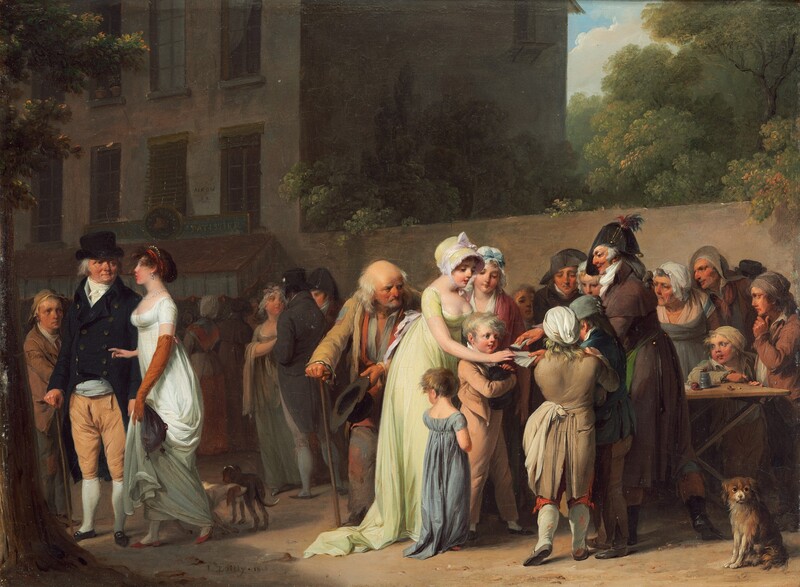 Fourteen men, women, and children focus their attention on a man fanning out a deck of cards in a town street in the right half of this horizontal painting. More men and women stand in small groups or walk in the left half. The women wear bonnets and long dresses and cloaks. The men wear jackets, slacks, and hats. The people all have pale or peachy skin. The man holding out the cards wears a plumed, bicorn hat, a thick white scarf around his neck, and a long, dark coat. His long gray hair is looped into a knot on his upper back, and a thick white sideburn curls along the cheek we see. He has a prominent nose, thin mustache, and his lips are parted as he faces our left in profile. Glints of gold on his hat and back of his coat could be bells, and he wears a gold hoop earring. A young woman with smooth skin, a low-cut, very pale green dress and matching bonnet reaches out to take a card. Another wearing a mob cap and cloak stands at her far shoulder, and two children stand between her and the cardsharp. A pair of young boys stand with the cardsharp, facing away from us and looking down at the cards. More men and women in earth-toned clothes, some tattered, gather in a tight cluster around a wooden table beyond this grouping. On the table is a metal cup and some glass balls, perhaps marbles. A small, furry, brown dog sits and looks up and to the right with dark eyes in the bottom right corner of the painting. This group is backed by a high wall, presumably enclosing a private garden. Trees reach into the cloud-streaked blue sky beyond the wall. Two more dogs walk among the townspeople who move along the street to the left. Building facades on the far side of the walkway are in shadow, but one is labeled Patissier. The artist signed and dated the painting near the lower left corner, “L. Boilly 1806.”