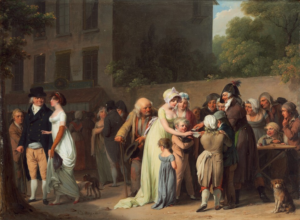 Fourteen men, women, and children focus their attention on a man fanning out a deck of cards in a town street in the right half of this horizontal painting. More men and women stand in small groups or walk in the left half. The women wear bonnets and long dresses and cloaks. The men wear jackets, slacks, and hats. The people all have pale or peachy skin. The man holding out the cards wears a plumed, bicorn hat, a thick white scarf around his neck, and a long, dark coat. His long gray hair is looped into a knot on his upper back, and a thick white sideburn curls along the cheek we see. He has a prominent nose, thin mustache, and his lips are parted as he faces our left in profile. Glints of gold on his hat and back of his coat could be bells, and he wears a gold hoop earring. A young woman with smooth skin, a low-cut, very pale green dress and matching bonnet reaches out to take a card. Another wearing a mob cap and cloak stands at her far shoulder, and two children stand between her and the cardsharp. A pair of young boys stand with the cardsharp, facing away from us and looking down at the cards. More men and women in earth-toned clothes, some tattered, gather in a tight cluster around a wooden table beyond this grouping. On the table is a metal cup and some glass balls, perhaps marbles. A small, furry, brown dog sits and looks up and to the right with dark eyes in the bottom right corner of the painting. This group is backed by a high wall, presumably enclosing a private garden. Trees reach into the cloud-streaked blue sky beyond the wall. Two more dogs walk among the townspeople who move along the street to the left. Building facades on the far side of the walkway are in shadow, but one is labeled Patissier. The artist signed and dated the painting near the lower left corner, “L. Boilly 1806.”