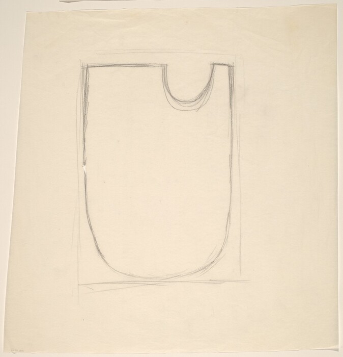 The image shows an abstract composition with simple, flowing pencil lines forming a large rectangular shape with rounded corners at the bottom. This shape is enclosed within a larger square outline. At the top of the rectangle, there is a semicircular indentation. The lines and shapes create an abstract form that could resemble a shield or architectural detailing.