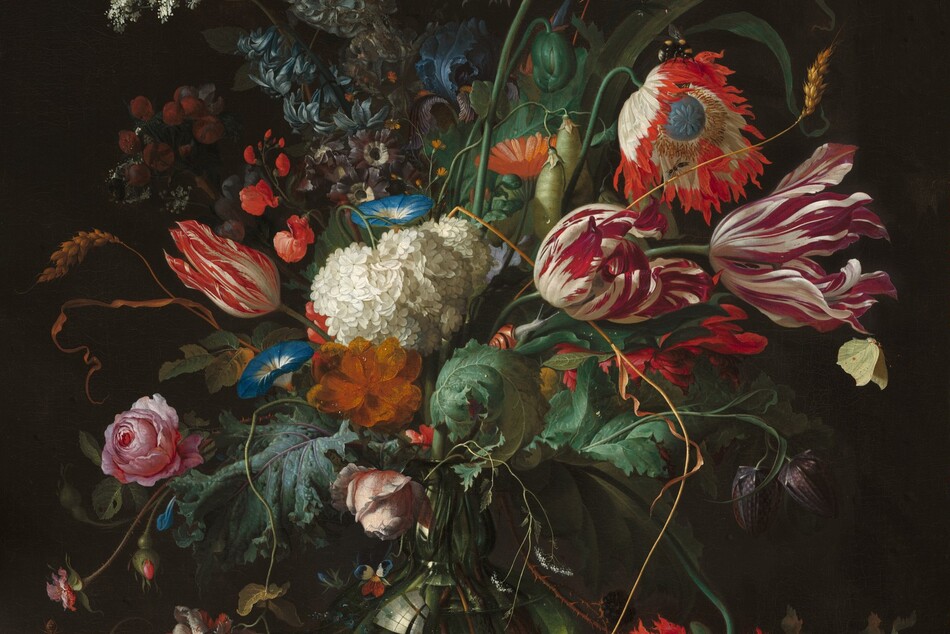 A profusion of flowers in shades of white, orange, blue, and deep pink, with earthy-green leaves, burst from the narrow opening of a glass vase in this vertical still life painting. Shown against a dark brown background, the vase sits on a caramel-brown ledge. The flowers in the center of the arrangement draw the eye. On our right two tulips are streaked with cream white and dark pink. A flower above it, perhaps an anemone, has white ruffled petals with flame-red tips around a denim-blue center. A small snail in a rust-orange shell rests on a curling green leaf nearby. On our left is a partly opened tulip with scarlet-red streaks next to an ivory-white hydrangea with clusters of tiny petals. Trumpet-shaped, sea-blue morning glories and an amber-orange bloom surround the white hydrangea. The top third of the arrangement has a tall, white peony with feathery petals at the center. Queen Anne’s lace nestles alongside small blooms in muted purples and blues, sage-green peapods, and a carrot-orange flower that resembles a daisy. A slender stalk of wheat extends off the right side while another bends to meet the ledge. The lower third of the arrangement is filled with pink roses, more green pea pods, two closed, plum-purple flowers, and another feathery peony, this one crimson red, which droops to meet the ledge near the bottom right corner of the painting. A few blackberries lie on the ledge nearby. Leaves in various sizes and shades of green fill in among the blooms. More insects and creatures are scattered throughout the composition. For example, a caterpillar clings to the underside of the white peony at the top while a brown and black butterfly flies toward it. A bee sits on the white and red anemone, and a snail, salamander, and spider gather on the ledge to the left of the vase. Stems and the water line are visible within the glass vase, which swells from a narrow opening into a wide base. Panes of a window off to our left reflects in the belly of the vase. The artist signed the front face of the ledge near the lower left: “J.D. De Heem f.”