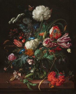 “Vase of Flowers”. A profusion of flowers in shades of white, orange, blue, and deep pink, with earthy-green leaves, burst from the narrow opening of a glass vase in this vertical still life painting.