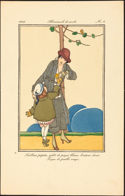 Tailleur pépita, gilet de piqué blanc, boutons dorés. Toque de paille rouge.