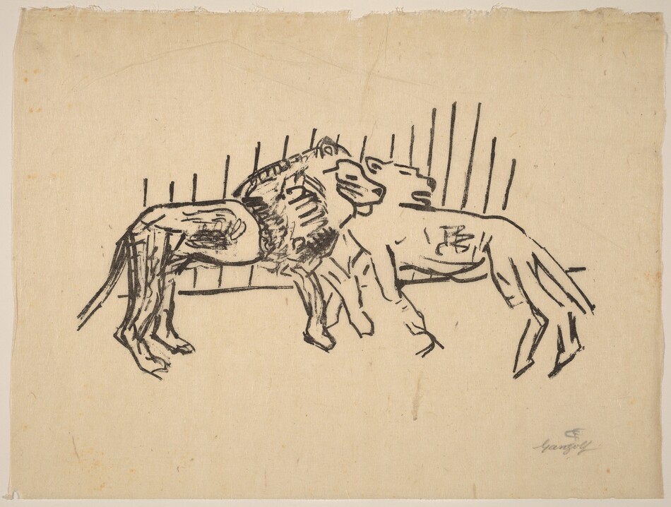 This is a drawing of two animals standing side by side. The animals are depicted using bold, black lines on a light beige background. The style is simple and expressive, with minimal detail, capturing the essence of the forms rather than precise realism. The positioning of the lines suggests movement and interaction between the two creatures. Vertical lines in the background may represent a fence or enclosure. The drawing has a sketch-like quality, focusing on the dynamic relationship between the animals rather than intricate detail.