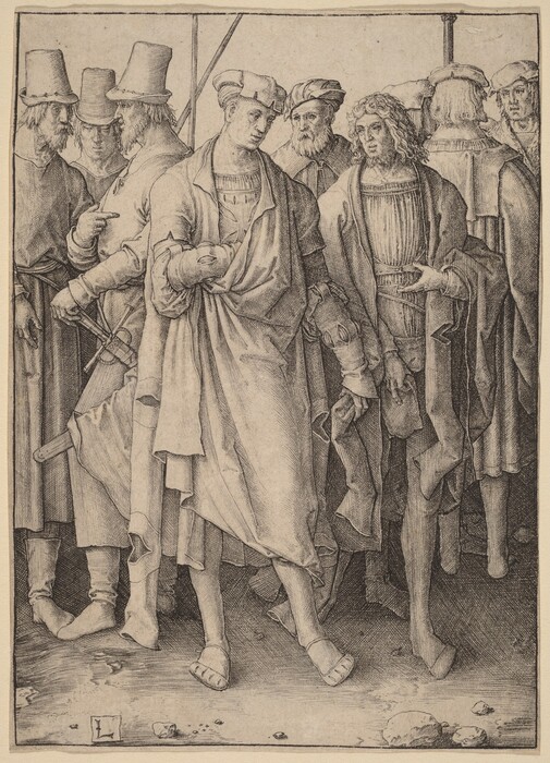 The image shows a group of men depicted in an intricately detailed black and white drawing. They are shown from the knees up, standing closely together, with each figure slightly overlapping the others. The central figure wears a loose garment that appears to be a robe, with long sleeves and a cap on his head, his head turned slightly to the side. His facial features are serious and include a straight nose and thin lips. His hair is short and tightly fitted beneath his cap. The man to his right has longer, slightly curly hair, and he looks straight ahead while gesturing with his left hand. Both men wear similar attire, consisting of knee-length coats, visible buttons, and hats. The men around them are wearing brimmed hats and similar robes and coats, with one of them holding what appears to be the hilt of a sword. The background consists of a plain setting, with no distinguishable features other than the textured ground beneath their feet.