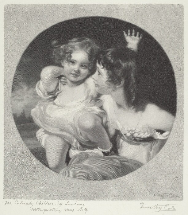 The image shows two children with only their upper bodies and heads visible. The child on the left is positioned slightly leaning forward with one arm raised and resting on the other's shoulder, while the child on the right is turned slightly toward the first child. Both children have curly hair and similar facial attributes. They are wearing light, flowing garments with a slightly ruffled texture on the shoulders and sleeves. The background of the image consists of a softly blurred scene resembling a landscape.