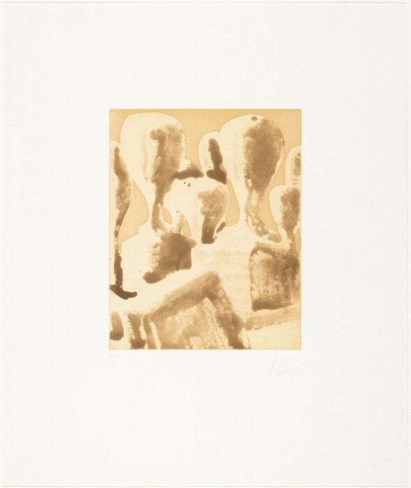 The image shows an abstract composition with organic, flowing shapes against a plain background. The shapes resemble rounded blobs or silhouettes with subtle curves and edges, some suggesting forms akin to stylized trees or mushroom heads. The color palette includes warm, sepia tones, creating a vintage appearance and blending the shapes into the background with a soft gradient effect.