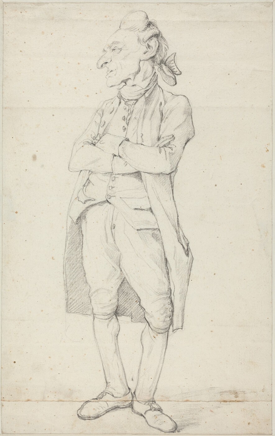 The sketch depicts a man standing with his arms crossed in a side profile. He has prominent facial features, styled back hair with a bow at the back, and is dressed in 18th-century attire. The background is a plain, lightly textured surface with scattered speckles.
