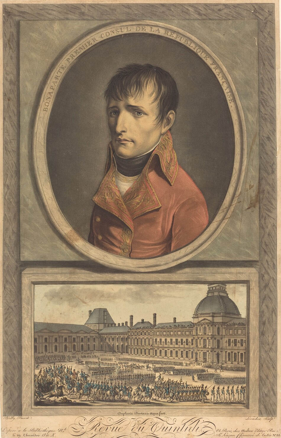 The image displays a portrait of a man in a red coat with a white high-necked shirt, and a scene below. The portrait depicts a man with short, dark hair, distinct facial features, and a firm expression, positioned slightly to the side. Below the portrait is an intricate illustration of a military review or parade outside a grand building with classical architecture, showcasing soldiers in formation, horsemen, and a watching crowd.