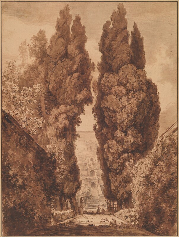 Cypress trees tower over either side of a walkway to nearly fill this vertical drawing created entirely in tones of sepia and faint brown. The walkway extends away from us and is lined to our left with a high wall and bushes or trees to the right. Several people sit or stand at the end of the path by the trunks and in the deep shade of the cypresses. Silhouettes there may also be statues. Beyond this group, a grand staircase leads to the entrance of a monumental, perhaps five-story building.