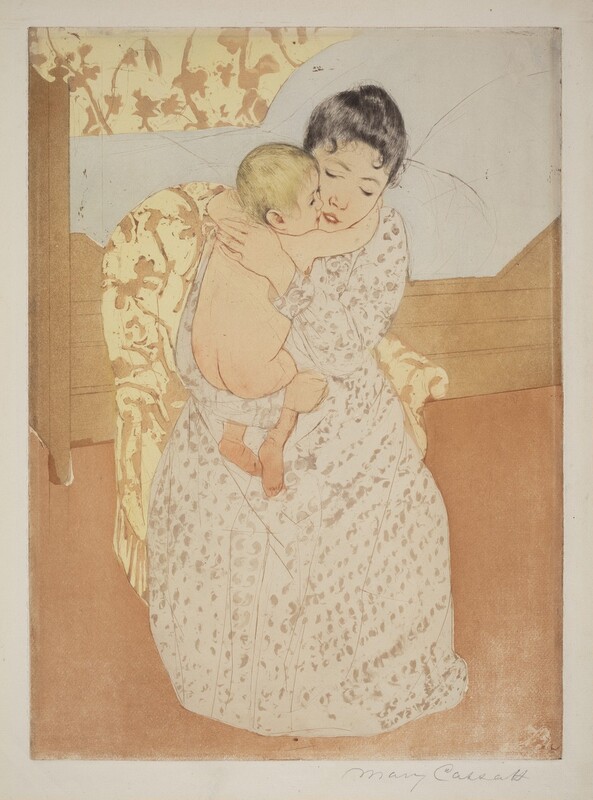 We look slightly down onto a young woman sitting in an upholstered chair and tightly hugging a nude, blond child in this vertical, colored print. Both have pale, peach-toned skin. The woman’s black hair is pulled back though a couple tendrils curl on her forehead. Her eyes are downcast and her pink lips parted. She wears a long, cream-white dress dotted with blush-pink, petal-like forms. One arm is under the baby’s chubby bottom and the other braces the child behind the shoulders. The baby wraps their arms around the woman’s neck so they are cheek to cheek. The chair sits in front of a bed with a boxy frame and a pillowy white mattress. The upholstery on the woman’s chair and the wallpaper behind her are patterned with dusky rose-pink flowers and vines against butter yellow. The floor is coral orange. The artist signed the print in graphite under the lower right corner, “Mary Cassatt.”