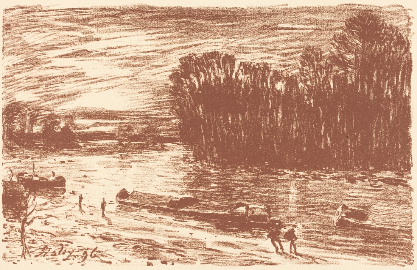 The image shows a riverside scene with a view from the riverbank looking across the water. The horizon is slightly above the center, where the water meets a line of tall trees. The trees create a dark backdrop against the pale sky. The brushstrokes are loose, conveying movement in the water and sky. The color palette is monochromatic with sepia tones. Two figures walk by the river's edge with small boats nearby. In the distance, there is water and tall trees dominating the view. The style is impressionistic with minimal detail.