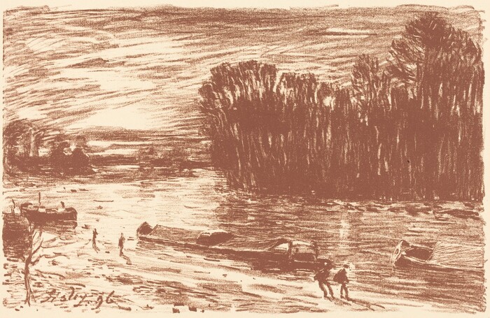 The image shows a riverside scene with a view from the riverbank looking across the water. The horizon is slightly above the center, where the water meets a line of tall trees. The trees create a dark backdrop against the pale sky. The brushstrokes are loose, conveying movement in the water and sky. The color palette is monochromatic with sepia tones. Two figures walk by the river's edge with small boats nearby. In the distance, there is water and tall trees dominating the view. The style is impressionistic with minimal detail.