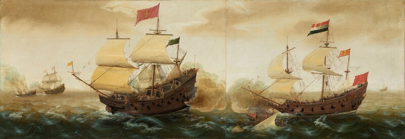 Two large wooden warships firing on each other on a choppy sea almost fill the width of this long horizontal painting. The water closest to us is ocean blue and becomes tan with crests of parchment white in the distance. The tall sides of the warships are pierced with rows of black cannons poking through portholes. Each ship has three tall masts with flax-colored sails billowing in the wind. Tiny men dressed in gold, red, and blue line the decks firing rifles, climbing rigging, or watching the action. The ship to our left is angled toward us, the long arm of the bowsprit on its bow extending to our left. A pink flag bearing a gold and blue crest flies from its tallest mast. A green flag flies from its rear mast and a smaller gold one from the prow. Bright flashes of yellow and rose-pink erupt from two of its cannons, and the stern is wrapped in tawny-brown and light blue smoke. Close to that warship, we look onto the long side of the second warship, to our right. A flag with bands of red, white, and blue flies from its tallest mast and a smaller one with orange and gold stripes flutters from its rear mast. A third red flag flies from the stern. Armored men stand in its prow, firing rifles at a sinking ship directly in front of us. This smaller ship is almost completely submerged with just part of its sail and keel above the choppy surface of the water. Tiny people jump in the water or remain in place while shrapnel from its blasted wooden mast flies out in every direction. One man kneels on the sinking deck with his hands together, facing the attacking crew. In the distance to the left of the left-hand warship, two smaller ships also seem locked in battle. The larger of that distant pair chases the smaller, whose masts collapse with smoke rising from its deck. A sixth ship, tiny in scale, sails near the horizon near the right edge of the composition. Camel-brown clouds floating against a parchment-colored sky in the top two-thirds of the painting. The artist signed the painting as if his name were written on the flag with the red, white, and blue bands: “CORNELIS VB,” with the V and B joined to create a monogram.
