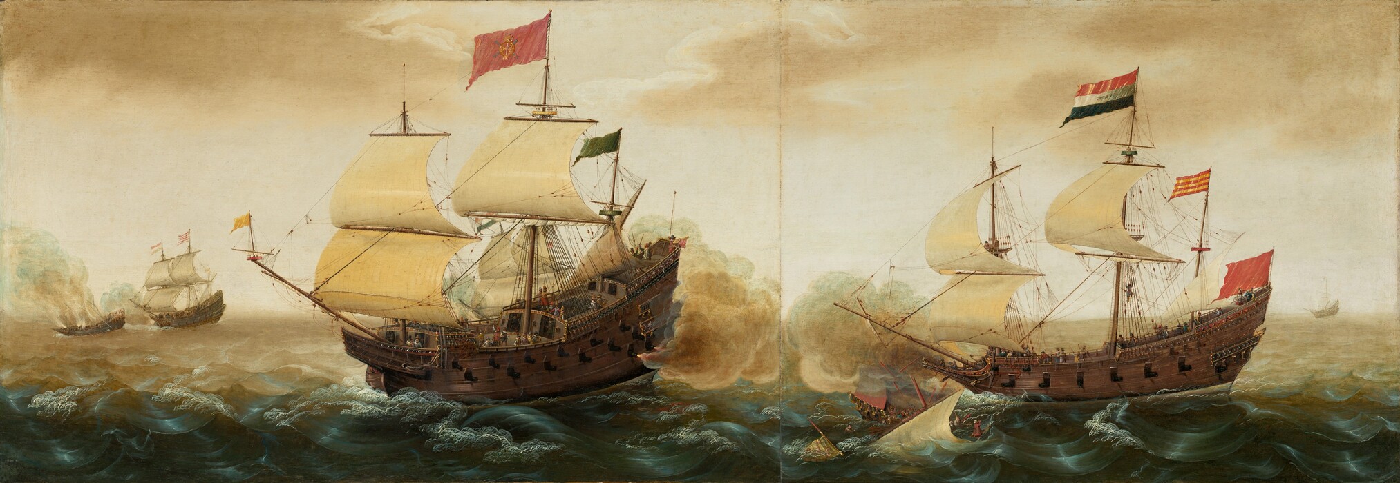 Two large wooden warships firing on each other on a choppy sea almost fill the width of this long horizontal painting. The water closest to us is ocean blue and becomes tan with crests of parchment white in the distance. The tall sides of the warships are pierced with rows of black cannons poking through portholes. Each ship has three tall masts with flax-colored sails billowing in the wind. Tiny men dressed in gold, red, and blue line the decks firing rifles, climbing rigging, or watching the action. The ship to our left is angled toward us, the long arm of the bowsprit on its bow extending to our left. A pink flag bearing a gold and blue crest flies from its tallest mast. A green flag flies from its rear mast and a smaller gold one from the prow. Bright flashes of yellow and rose-pink erupt from two of its cannons, and the stern is wrapped in tawny-brown and light blue smoke. Close to that warship, we look onto the long side of the second warship, to our right. A flag with bands of red, white, and blue flies from its tallest mast and a smaller one with orange and gold stripes flutters from its rear mast. A third red flag flies from the stern. Armored men stand in its prow, firing rifles at a sinking ship directly in front of us. This smaller ship is almost completely submerged with just part of its sail and keel above the choppy surface of the water. Tiny people jump in the water or remain in place while shrapnel from its blasted wooden mast flies out in every direction. One man kneels on the sinking deck with his hands together, facing the attacking crew. In the distance to the left of the left-hand warship, two smaller ships also seem locked in battle. The larger of that distant pair chases the smaller, whose masts collapse with smoke rising from its deck. A sixth ship, tiny in scale, sails near the horizon near the right edge of the composition. Camel-brown clouds floating against a parchment-colored sky in the top two-thirds of the painting. The artist signed the painting as if his name were written on the flag with the red, white, and blue bands: “CORNELIS VB,” with the V and B joined to create a monogram.