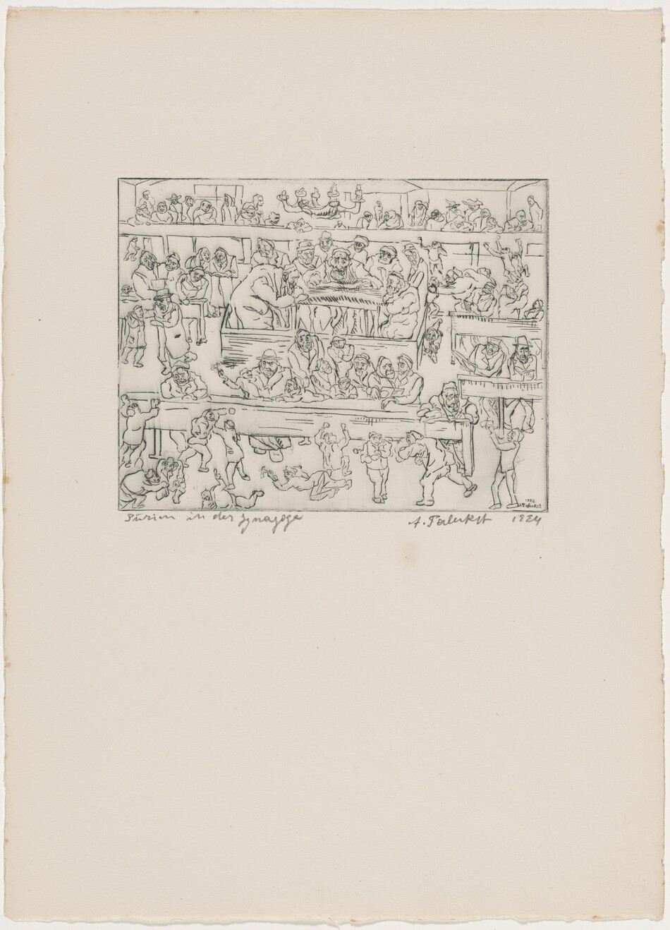 This is a drawing divided into multiple horizontal sections. The upper section depicts figures around a central table. Light fixtures hang from above. The middle section shows figures sitting at a table or socializing. The lower section includes dynamic poses, possibly dancing or celebrating. The composition conveys a bustling, lively environment filled with human interaction and movement, rendered in a linear style with attention to detail.