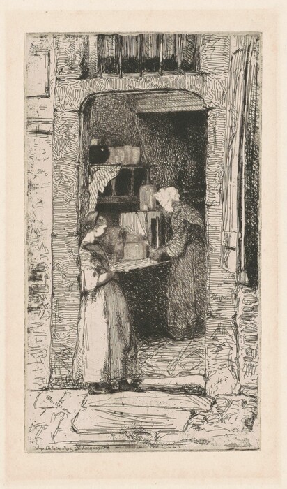The image shows two people in a doorway or interior space. One person is on the left, facing inward, while the second person is on the right, slightly leaning forward and extending their hands. The person on the left has their hair tied back and is dressed in a long garment. The other person also has their hair tied back and wears a long-sleeved dress. The space includes shelves with containers and pottery. The doorway is framed by textured stone or brick.