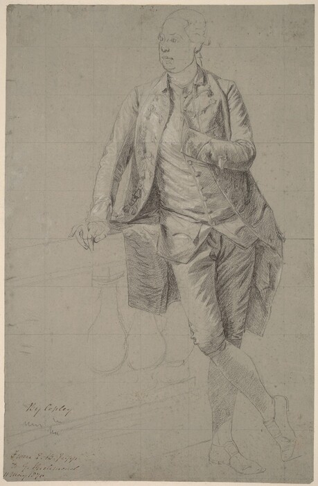 This image is a sketch of a person in historical formal attire. The person is depicted standing with one hand resting on a surface, legs crossed at the ankles. The face is drawn with basic features and the hair is tied back. The attire includes a long coat, waistcoat, breeches, and buckled shoes. In the background, there are faint lines and a grid, suggesting this is an unfinished drawing.