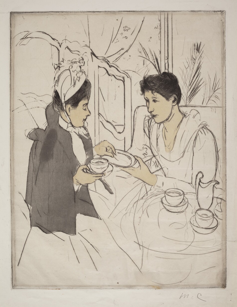 Two women with sit next to a table holding a tray with teacups and saucers in this vertical drypoint and aquatint. Faint black lines outline the women, their features, clothing, and objects in the room. The women face each other and take up most of the composition. Their faces and hands are printed with yellow-tinged white, and both have oval faces, rounded noses, and their hair is pulled up and back. The woman to our right leans forward as she holds up a plate with her right hand, closer to us. The other hand rests on the arm of her chair. Her dress has a tight-fitting bodice, long sleeves, and a long skirt. The other woman’s cap is tied in a bow under the chin. She wears a hip-length cloak shaded iron gray over a long dress. She looks down at the plate and holds what might be a cookie or biscuit with one hand and a cup and a dish-like saucer with the other. Her lips are downturned, her head pulled slightly back to create a double chin, and she sits upright in her chair. In the lower right corner of the sheet, the round table is barely bigger than the tray it holds. On it are two more cups and saucers and a jug, presumably holding milk. A screen with openings across the top stands to the left behind the second woman, and a window is behind the first. Spiky fronds of a houseplant angle across the window, and a curtain is pulled to the left side. Squiggles on that second curtain suggest a floral pattern. The artist’s initials are written in graphite under the lower right corner of the printed image, “MC.”