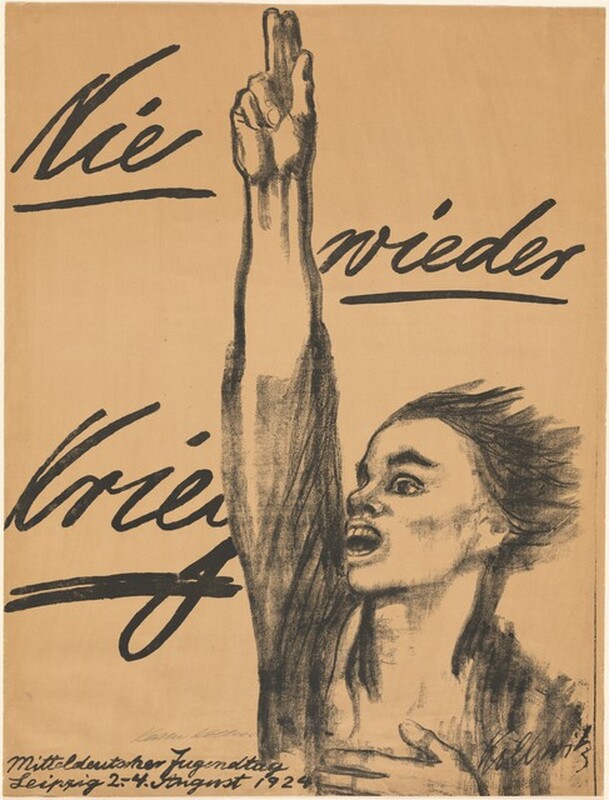 Shown from the chest up in the bottom right quadrant of the composition, a person holds one arm straight up with the thumb and first two fingers extended as their hair blows back from their face in this vertical lithograph. On tan-colored paper, the person is printed in tones of gray, as if sketched in charcoal. The mouth is wide open and teeth visible. The person has high cheekbones, heavy, pointed brows, and straight hair. A garment is suggested with long strokes of gray. The hand not raised in the air rests on the person’s chest, and is cut off by the bottom edge of the print. Three large words are written behind the person in sharply defined letters: “Nie” at the top left, “wieder” above the person’s head, to our right of upraised arm, and “Krieg” near the person’s shoulder to our left. The first two words are each underlined once and the third word, “Krieg,” is underlined several times. An inscription is written across the left half of the bottom of the sheet: “Mitteldeutsher Jugendtag Leipzig 2.-4. August 1924.” The artist signed the work in the lower right corner, “Kollwitz.”