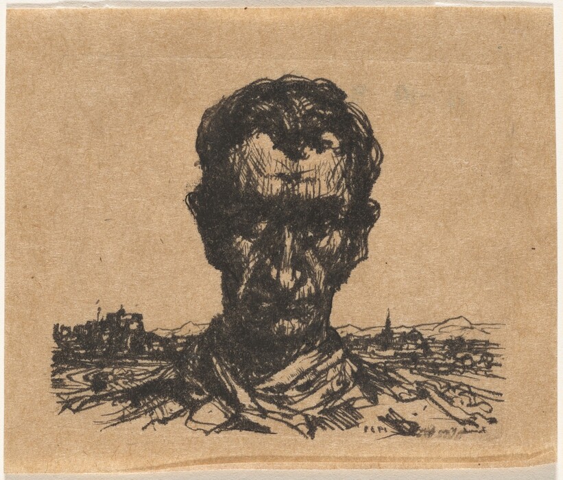 The image is a sketch of a person's head and shoulders facing forward. The face and hair are depicted with heavy, dark lines, giving a shadowed appearance. The person wears loosely fitted clothing. The background features a simple landscape with buildings, possibly a spire, and mountains in the distance. The sketch is monochromatic with dark shading on neutral paper.