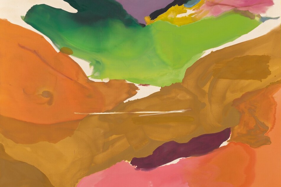 This nearly abstract painting is created with flowing bands and triangular forms of mostly single colors in caramel brown, pine and spring green, apricot orange, plum purple, or fuchsia, with some bands of unpainted canvas in this horizontal painting. A wide, tan-colored band rises from the lower left corner toward the upper right. There are triangular forms in pumpkin orange to our left and another near the lower right. With the brown band, they recall hills along a valley. Pink, orange, deep purple, and fuchsia are painted in bands in the lower right corner and across the bottom. Above the tan band, a wide swath of spring and dark green may suggest hills beyond, with swirling yellow, black, pink, and blue under a patch of lavender purple that spans the top edge of the canvas, which could be the sky. The painting is signed and dated at the lower right corner, “Frankenthaler ’73.”