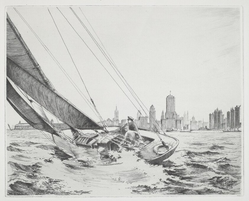 Sailboat Heeling Near a City