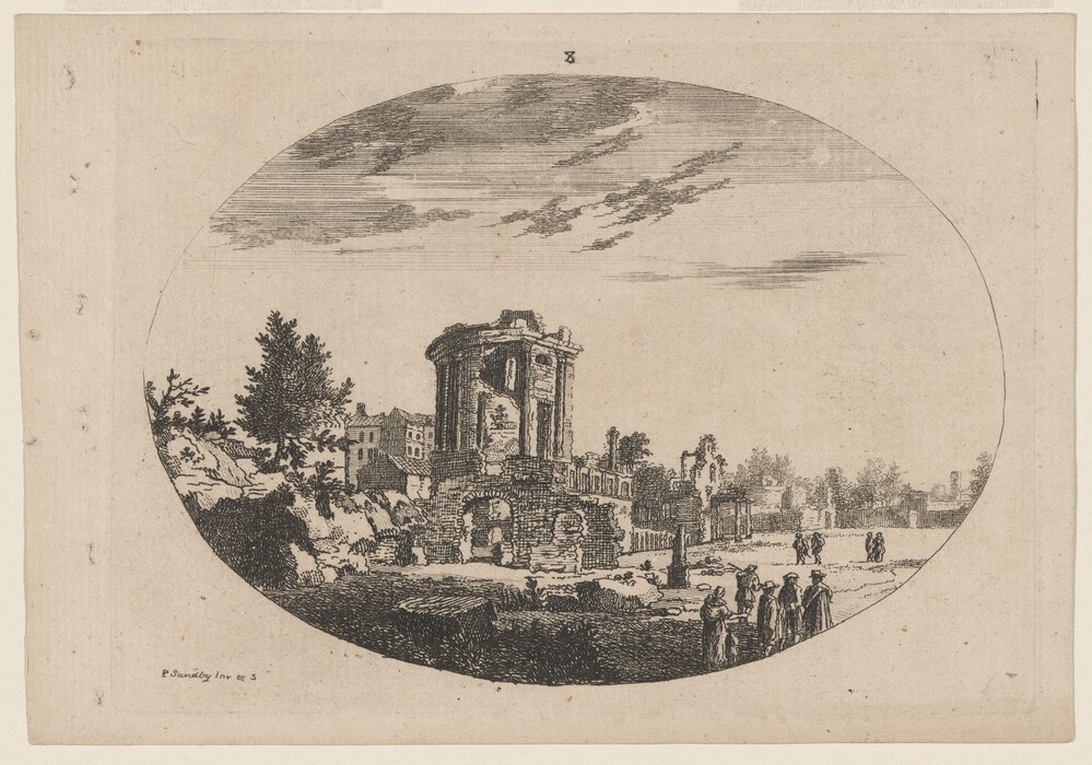 The image shows an aerial view of a historical landscape with ancient architectural ruins, trees, and a group of figures in period clothing. The ruins, including a central structure, are detailed with fine lines capturing textures and architectural details. The color palette is monochrome with muted browns and grays. Linear shading in the sky suggests clouds, adding atmosphere to the scene.