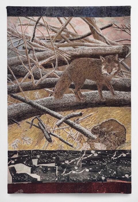 The image depicts a fox surrounded by fallen branches. The view is slightly elevated, emphasizing the patterns and textures of the branches. The horizon is hidden by the dense cluster of bare branches above and around the fox. The artwork showcases detailed strokes or weaving techniques for the fur of the fox and the bark of the branches. The color scheme is earthy, featuring browns, grays, and muted yellows with hints of pale pinks and blues in the sky. The scene ranges from close-up detailed branches to a complex mesh of entangled branches in the background. Below the animal and branches, there are abstract dark geometric shapes, adding texture and color contrast to the piece.