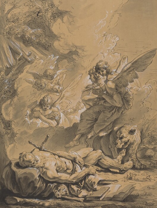 This is a drawing of a reclining figure accompanied by celestial beings and a lion. The image depicts a male figure resting on a draped surface, surrounded by four winged beings and a lion. The celestial beings are positioned dynamically around the reclining figure, one appears to be engaged with the male figure directly. The background features swirling cloud forms. The drawing is rendered in a monochromatic palette with ink and wash, emphasizing fine lines and shading.