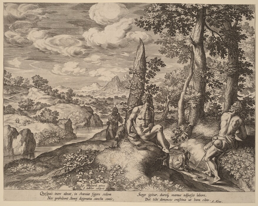 The image shows a landscape with mountains and hills in the distance, trees scattered around, and clouds in the sky. In the foreground, two figures sit under trees. The scene is created with intricate etching in monochrome tones, depicting various textures and details.
