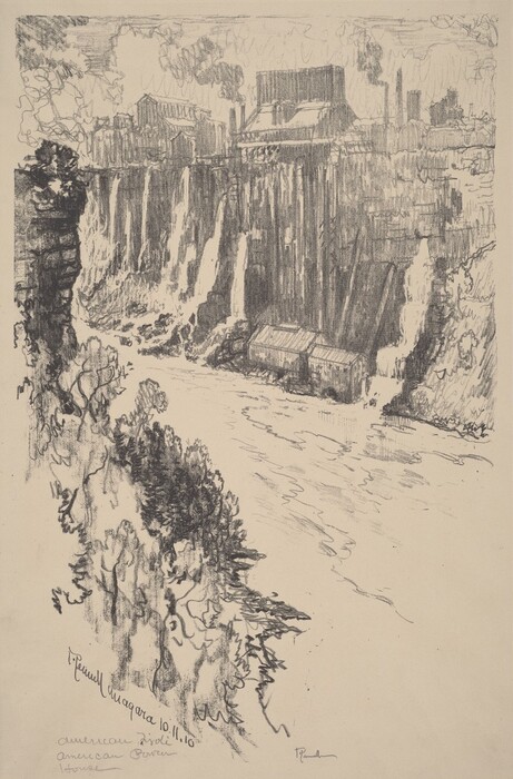 The image shows an industrial site with towering waterfalls cascading down rocky cliffs. The vantage point is elevated, offering a view of the cascading water and industrial buildings on and around the cliffs. The upper line of the cliffs separates the sky and land. The water creates a central vertical element. The style is sketch-like with dynamic, expressive lines, suggesting rapid pencil or charcoal strokes for textural variations. The color palette is limited to black, white, and gray. Foliage near the riverbank is outlined energetically, with buildings and chimneys in the distance emitting smoke.