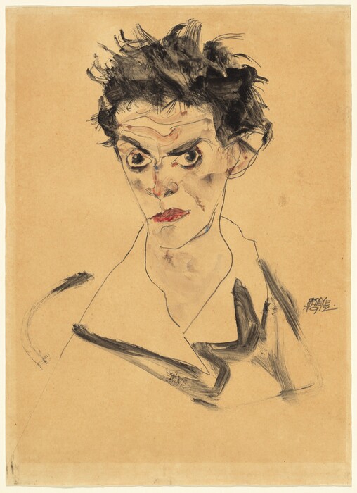 A man with large, dark eyes glowers at us from under black brows, one of which is lowered and the other cocked in this drawn, vertical portrait. The man’s face is angled slightly to our left, but he looks out with his red lips twisted up to our right. The planes of his cheeks, lines across his forehead, nose, and thin, narrow chin are painted lightly and broadly with pale gray and pale pink to suggest light skin tone and shadows. His black hair is tousled, and the open collar of his shirt is suggested with a few lines sketched in graphite and emphasized with strokes of black paint. The artist signed and dated the drawing to the right, “EGON SHIELE 1912.”